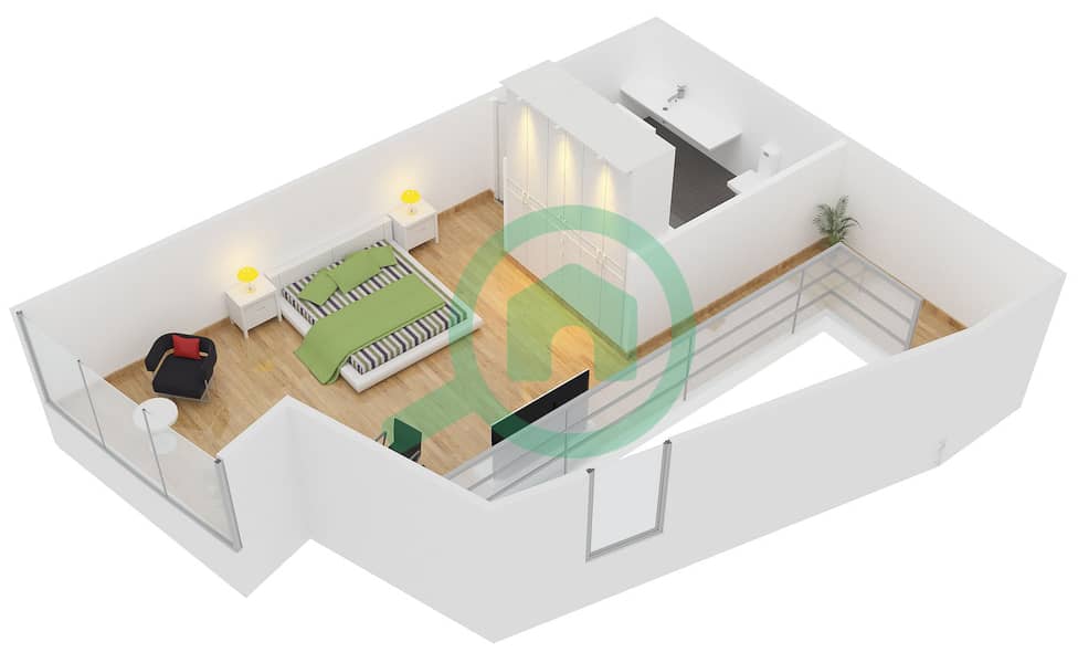 公园广场大楼 - 1 卧室公寓类型D戶型图 interactive3D