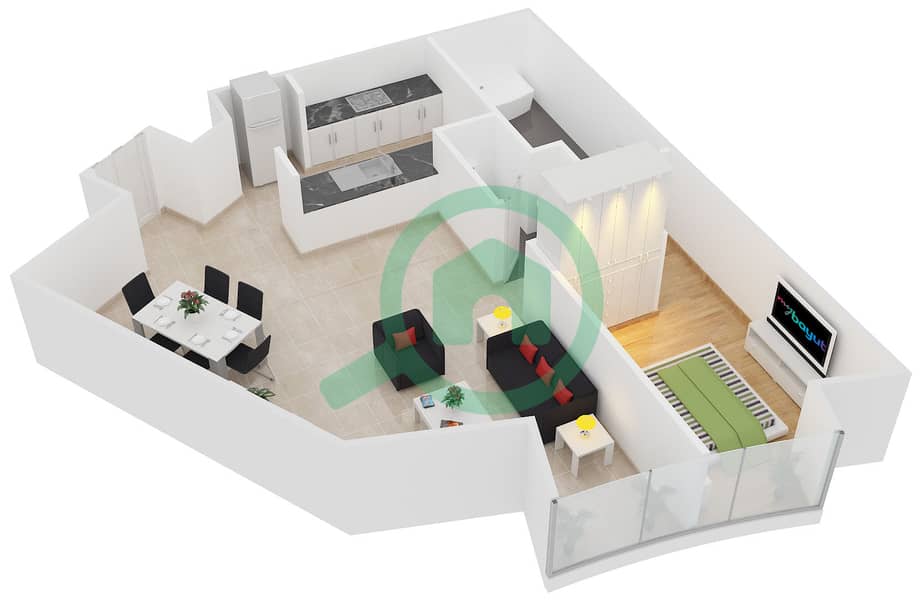 公园广场大楼 - 1 卧室公寓类型H戶型图 interactive3D