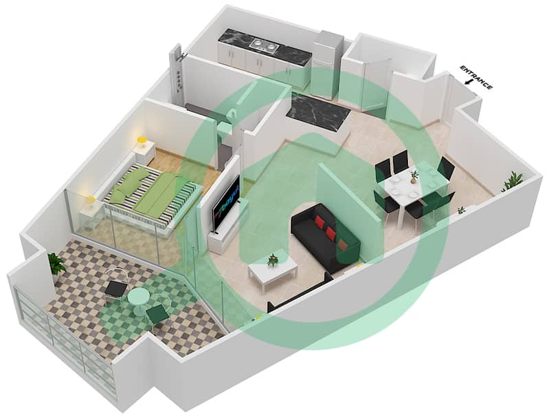 المخططات الطابقية لتصميم النموذج I شقة 1 غرفة نوم - برج بارك بليس interactive3D