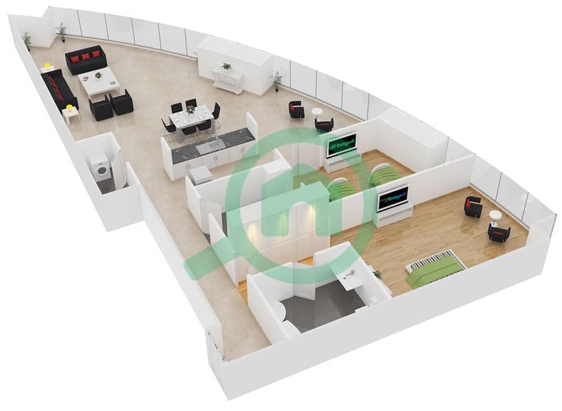 المخططات الطابقية لتصميم النموذج A شقة 2 غرفة نوم - برج بارك بليس interactive3D