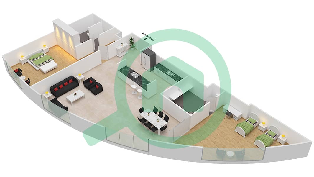 公园广场大楼 - 2 卧室公寓类型F戶型图 interactive3D