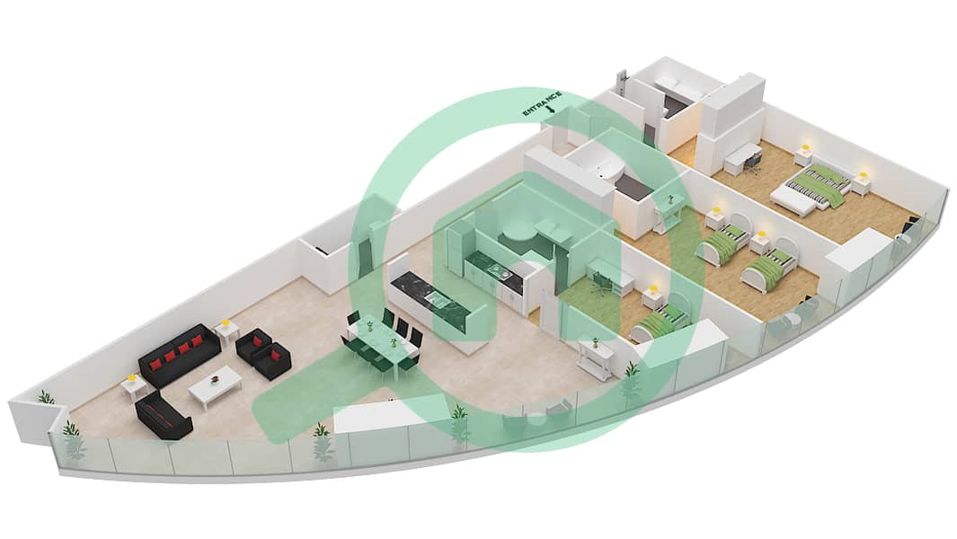 المخططات الطابقية لتصميم النموذج B شقة 3 غرف نوم - برج بارك بليس interactive3D