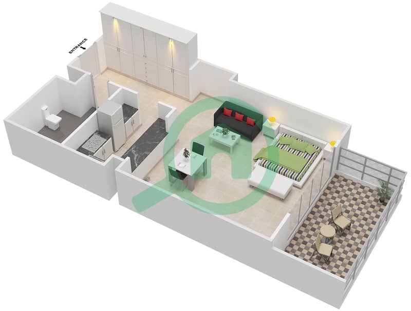 المخططات الطابقية لتصميم النموذج / الوحدة B / UNIT 16,17 شقة استوديو - برج اي جي interactive3D