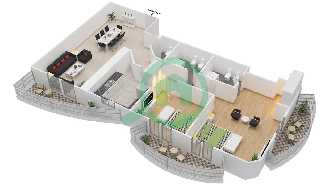 المخططات الطابقية لتصميم النموذج A شقة 2 غرفة نوم - برج المريخي interactive3D