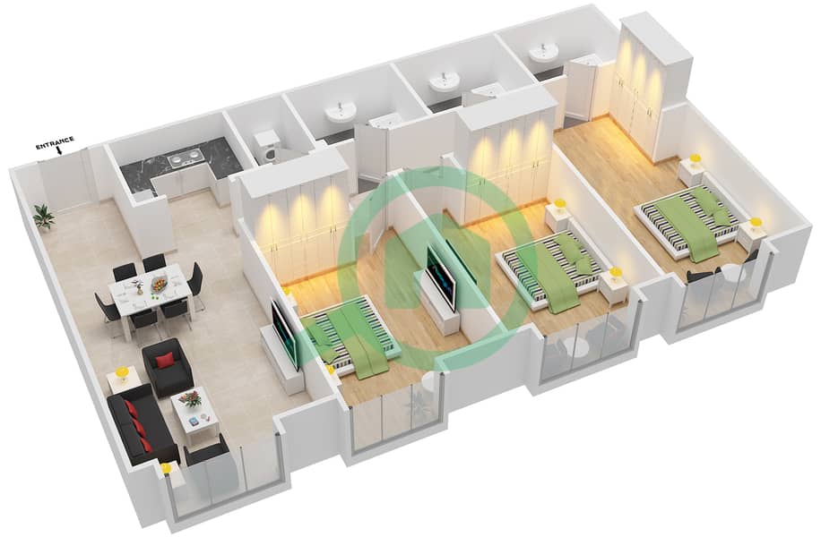 المخططات الطابقية لتصميم النموذج A شقة 3 غرف نوم - برج القرن 21 interactive3D