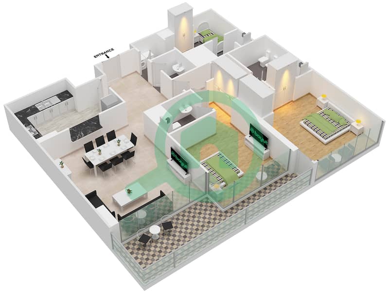 Виндзор Манор - Апартамент 2 Cпальни планировка Тип B FLOOR 15-28 interactive3D