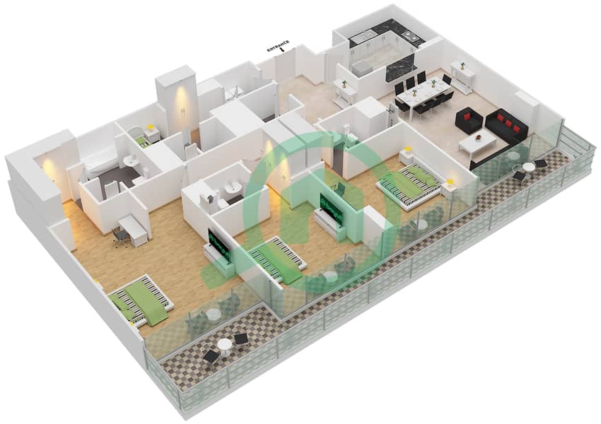 Виндзор Манор - Апартамент 3 Cпальни планировка Тип B FLOOR 15-28 interactive3D