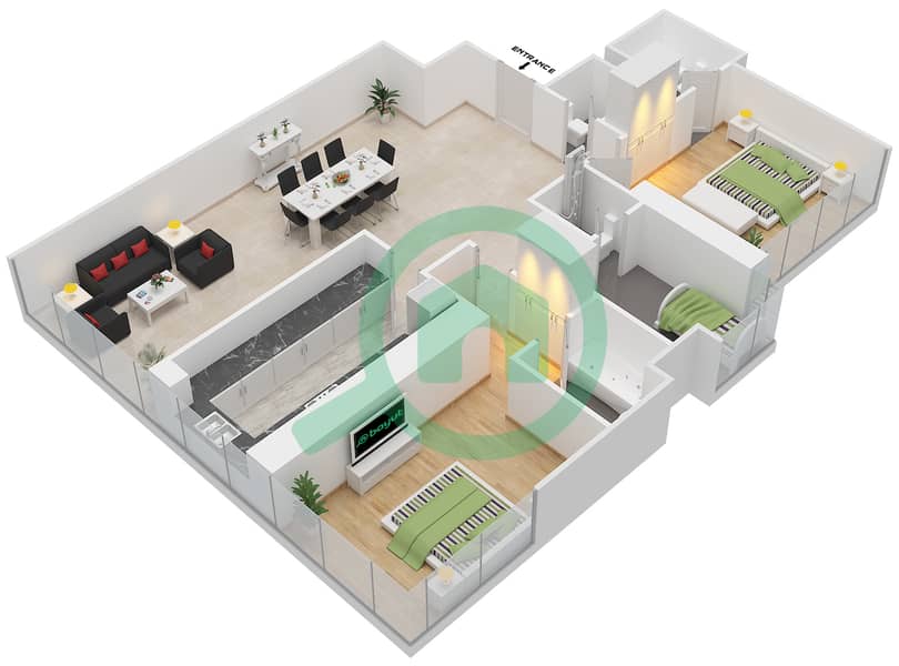 المخططات الطابقية لتصميم النموذج 1-8 شقة 2 غرفة نوم - برج لطيفة interactive3D
