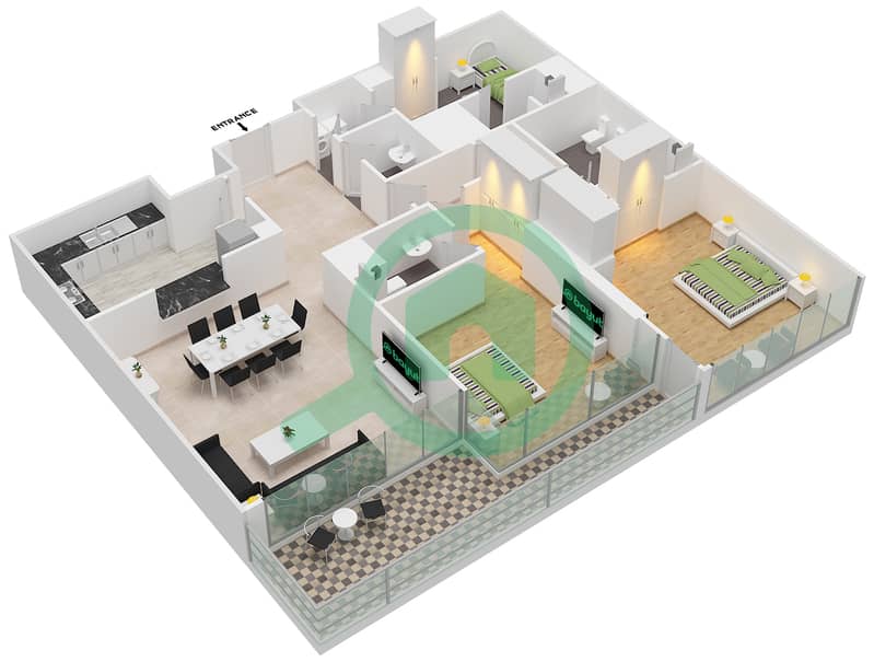 Виндзор Манор - Апартамент 2 Cпальни планировка Тип C FLOOR 15-28 interactive3D