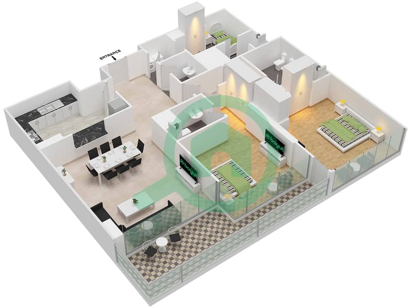 Виндзор Манор - Апартамент 2 Cпальни планировка Тип F FLOOR 15-28 interactive3D