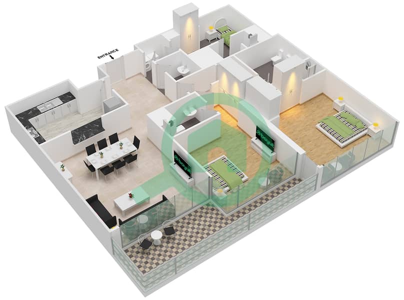 Виндзор Манор - Апартамент 2 Cпальни планировка Тип E FLOOR 15-28 interactive3D