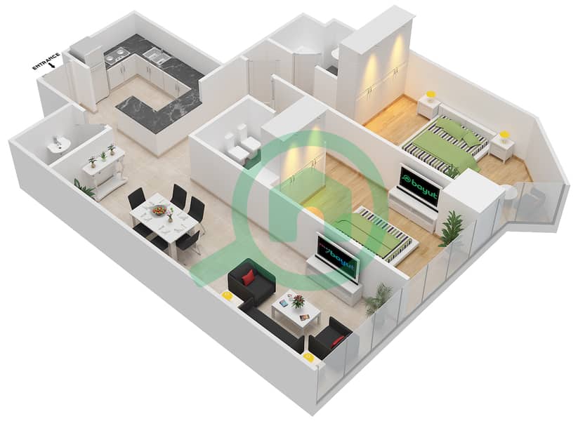 المخططات الطابقية لتصميم النموذج 3-6 شقة 2 غرفة نوم - برج لطيفة interactive3D