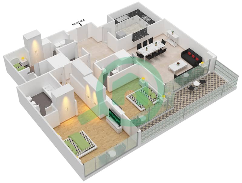 المخططات الطابقية لتصميم النموذج D FLOOR 15-28 شقة 2 غرفة نوم - ويندسور مينور interactive3D