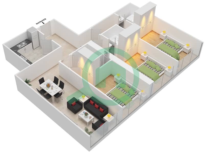 Latifa Tower - 3 Bedroom Apartment Type 4-5 Floor plan interactive3D