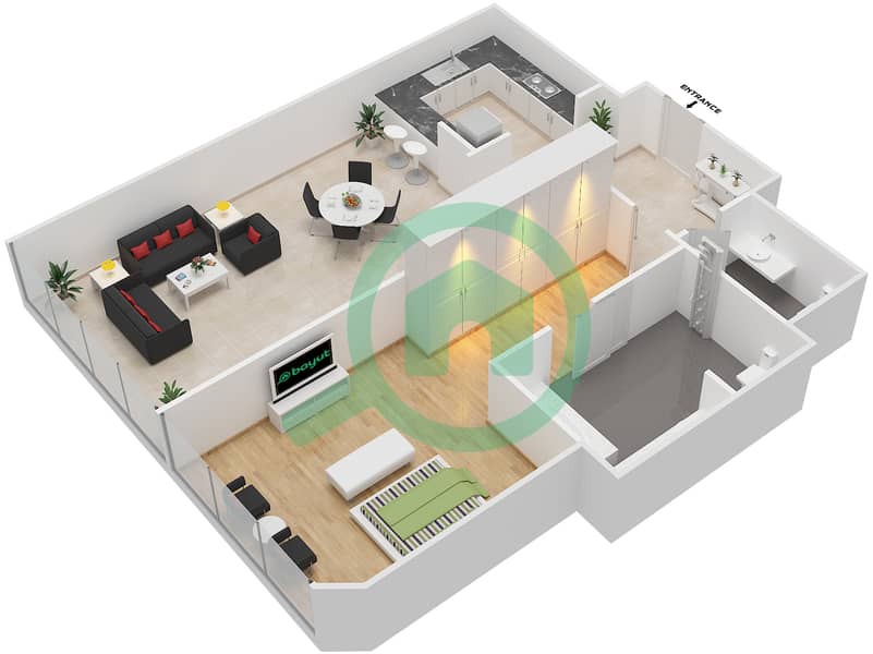 المخططات الطابقية لتصميم النموذج 1 شقة 1 غرفة نوم - فندق جراند شيراتون interactive3D