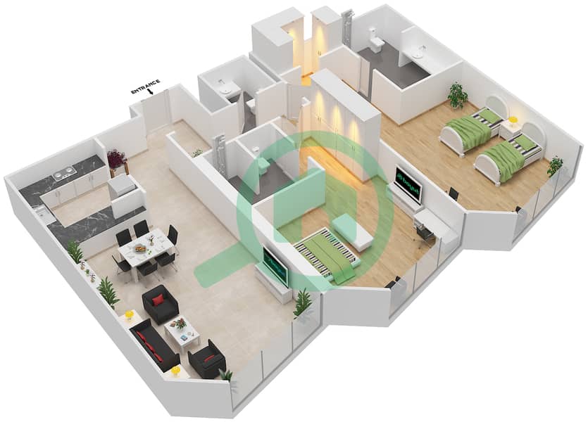 Sheraton Grand Hotel - 2 Bedroom Apartment Type 2 Floor plan interactive3D