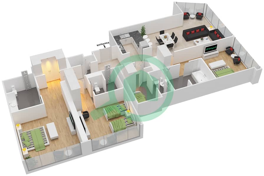 喜来登大酒店 - 3 卧室公寓类型3戶型图 interactive3D