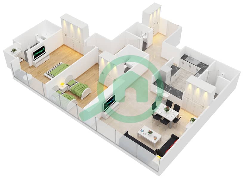 المخططات الطابقية لتصميم النموذج A شقة 1 غرفة نوم - برج إسكان interactive3D