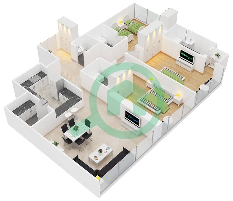 المخططات الطابقية لتصميم النموذج C شقة 3 غرف نوم - برج إسكان interactive3D