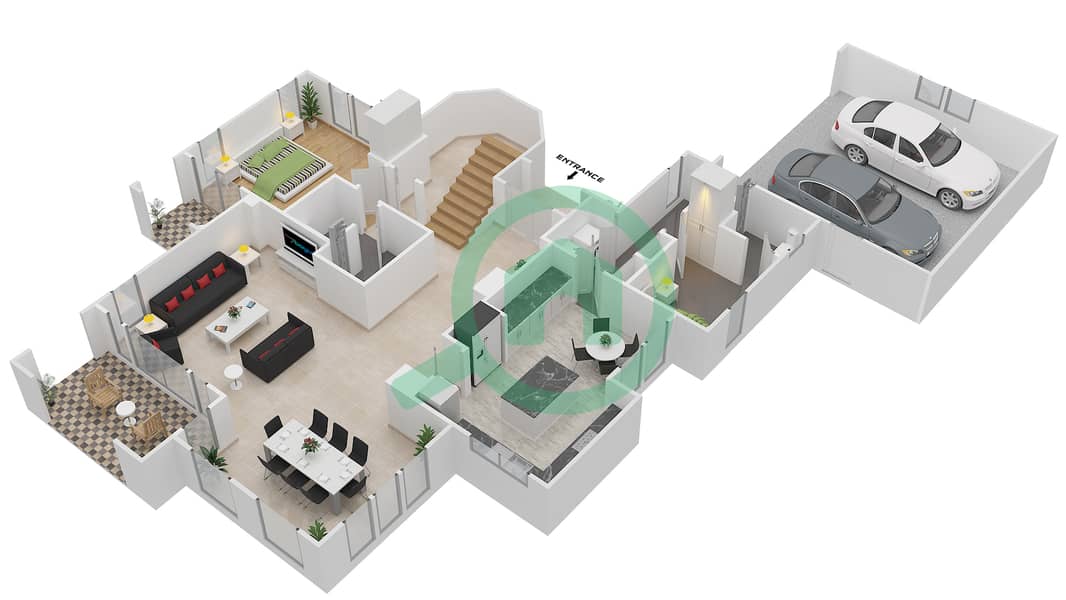 المخططات الطابقية لتصميم النموذج B1 فیلا 4 غرف نوم - الفورادا 1 Ground Floor interactive3D
