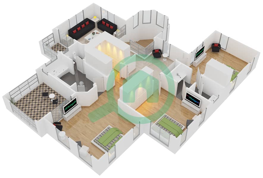 المخططات الطابقية لتصميم النموذج B1 فیلا 4 غرف نوم - الفورادا 1 First Floor interactive3D