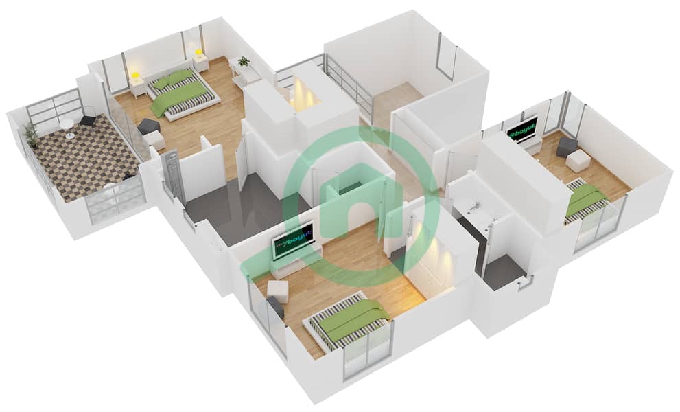 المخططات الطابقية لتصميم النموذج A2 فیلا 3 غرف نوم - الفورادا 1 interactive3D