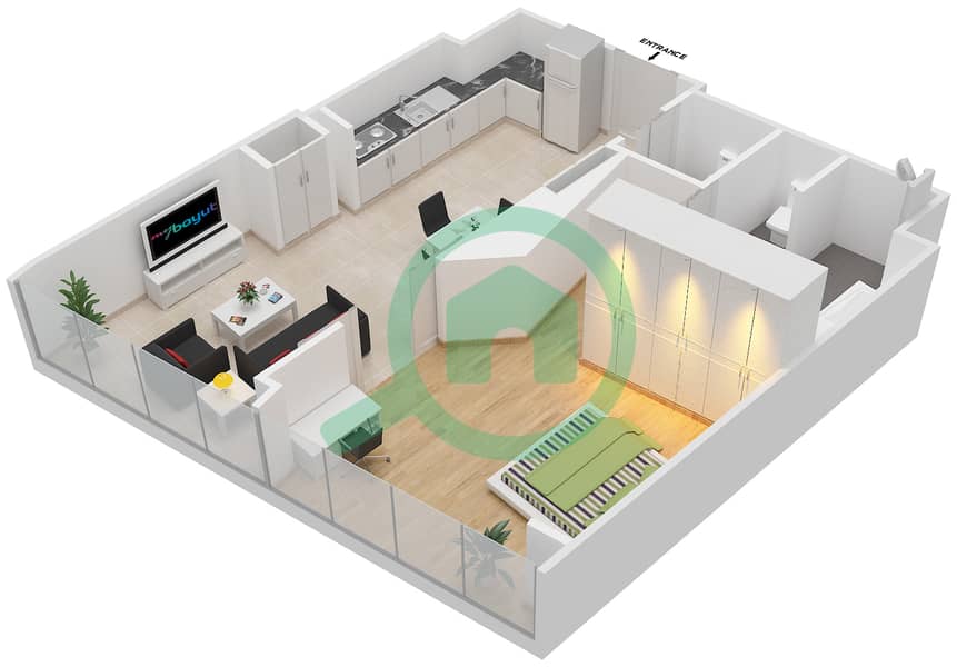 欧普斯公寓大楼 - 1 卧室公寓类型／单位RA/102戶型图 interactive3D