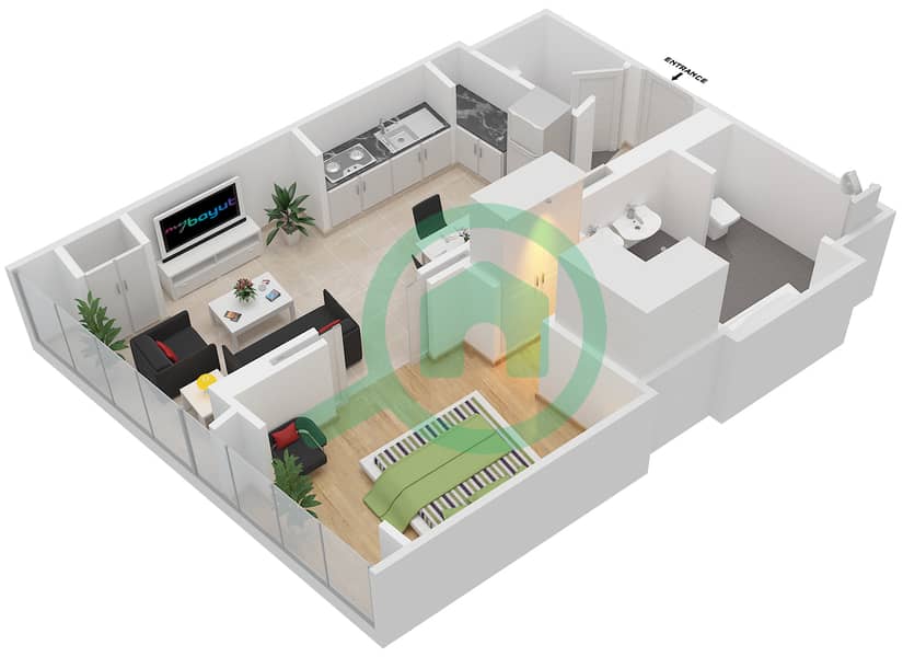 欧普斯公寓大楼 - 1 卧室公寓类型／单位RA/106戶型图 interactive3D