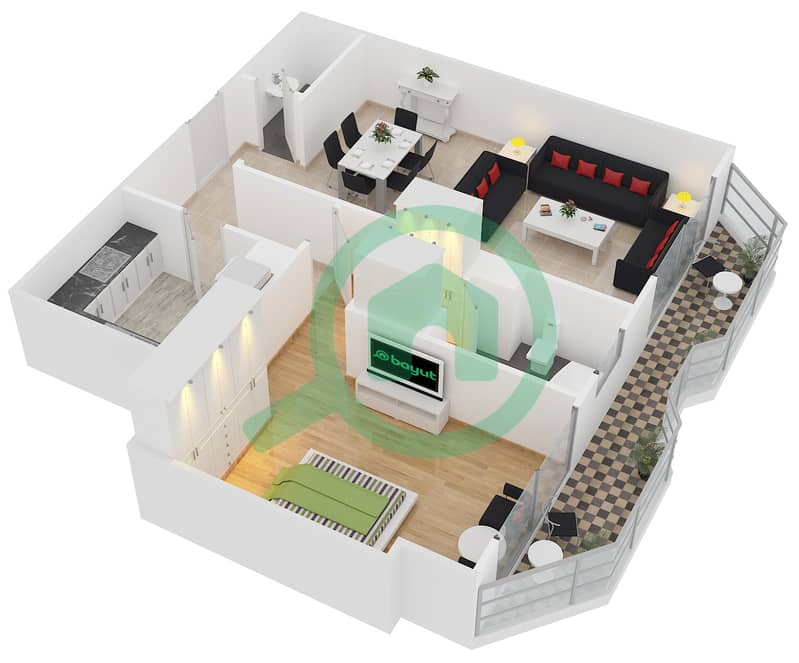 المخططات الطابقية لتصميم النموذج / الوحدة A / UNIT 3,5 شقة 1 غرفة نوم - برج اي جي interactive3D