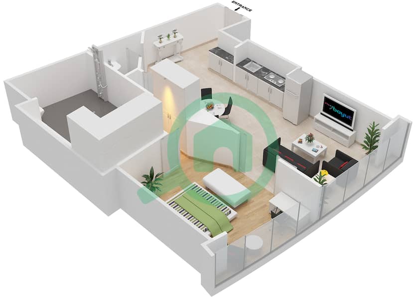 المخططات الطابقية لتصميم النموذج / الوحدة RB/307 شقة 1 غرفة نوم - ذا أوبوس interactive3D