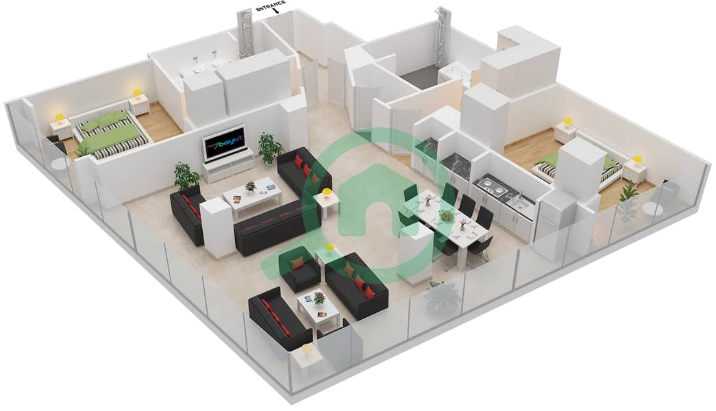 المخططات الطابقية لتصميم النموذج / الوحدة RB/110 شقة 2 غرفة نوم - ذا أوبوس interactive3D