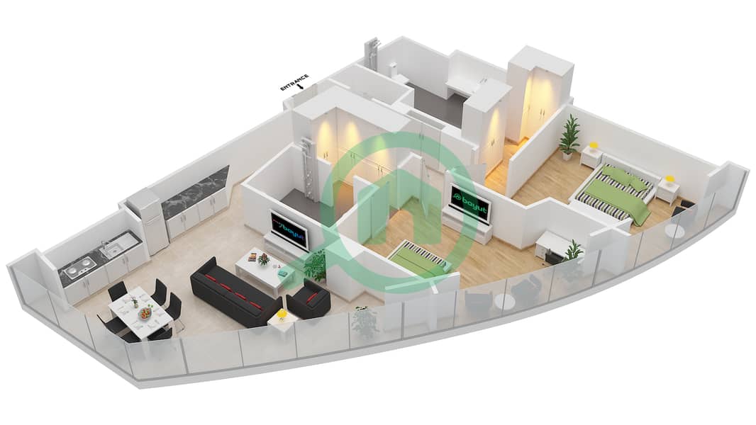 المخططات الطابقية لتصميم النموذج / الوحدة RB/111 شقة 2 غرفة نوم - ذا أوبوس interactive3D
