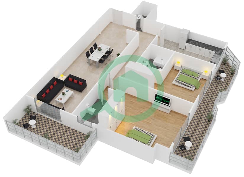 AG大厦 - 2 卧室公寓类型／单位A / UNIT 1戶型图 interactive3D