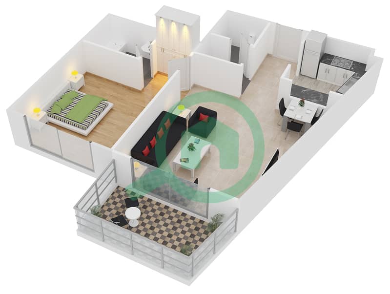 المخططات الطابقية لتصميم النموذج / الوحدة D / UNIT 10 شقة 1 غرفة نوم - برج اي جي interactive3D