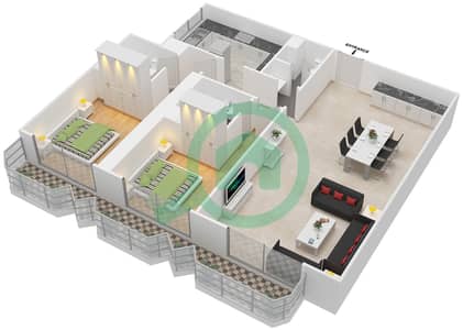 المخططات الطابقية لتصميم النموذج / الوحدة B / UNIT 9,11 شقة 2 غرفة نوم - برج اي جي