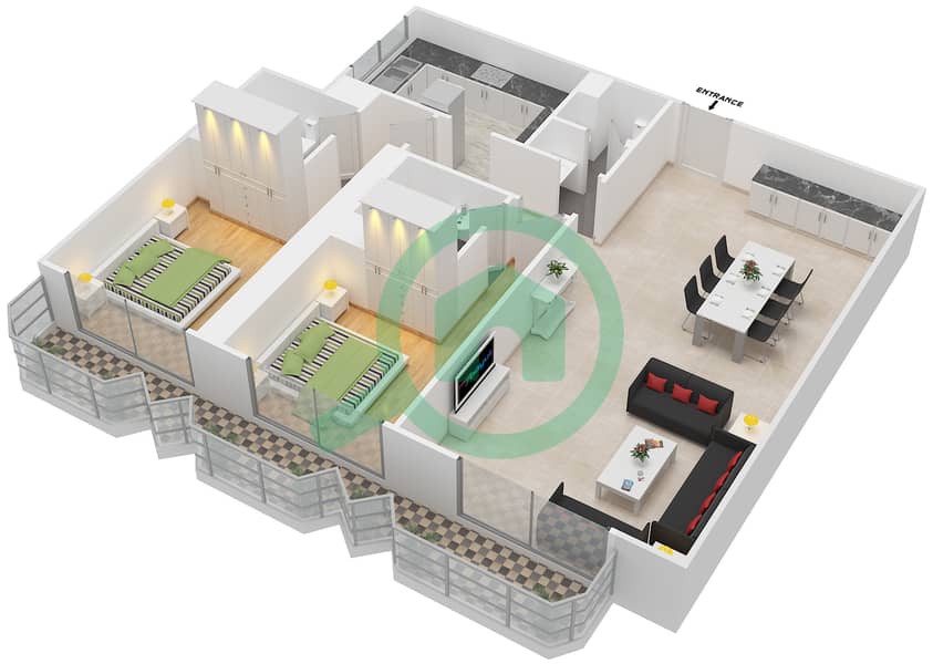 المخططات الطابقية لتصميم النموذج / الوحدة B / UNIT 9,11 شقة 2 غرفة نوم - برج اي جي interactive3D