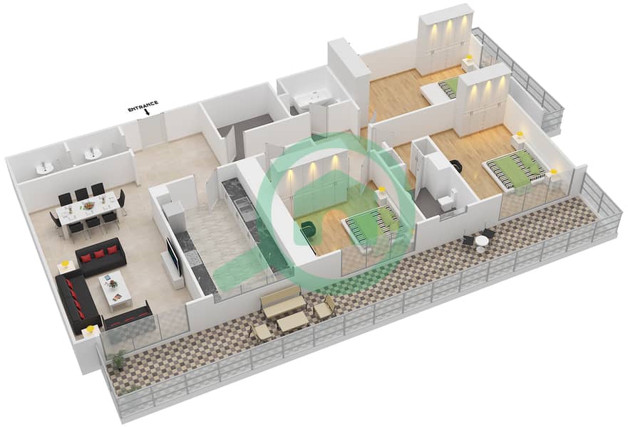 المخططات الطابقية لتصميم النموذج / الوحدة A / UNIT 2 شقة 3 غرف نوم - برج اي جي interactive3D