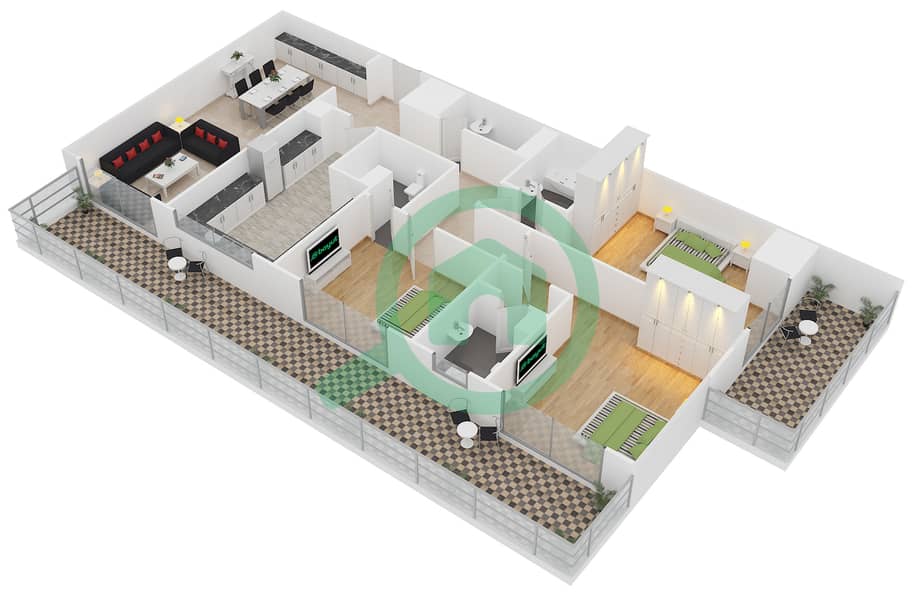 АГ Тауэр - Апартамент 3 Cпальни планировка Тип/мера B / UNIT 18 interactive3D