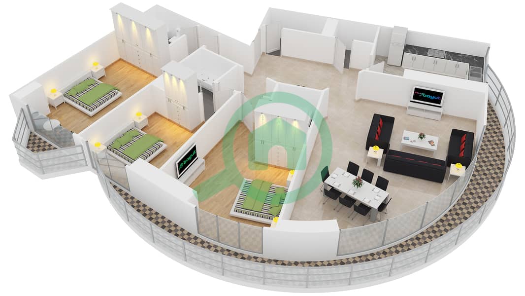 المخططات الطابقية لتصميم النموذج / الوحدة C / UNIT 8 شقة 3 غرف نوم - برج اي جي interactive3D