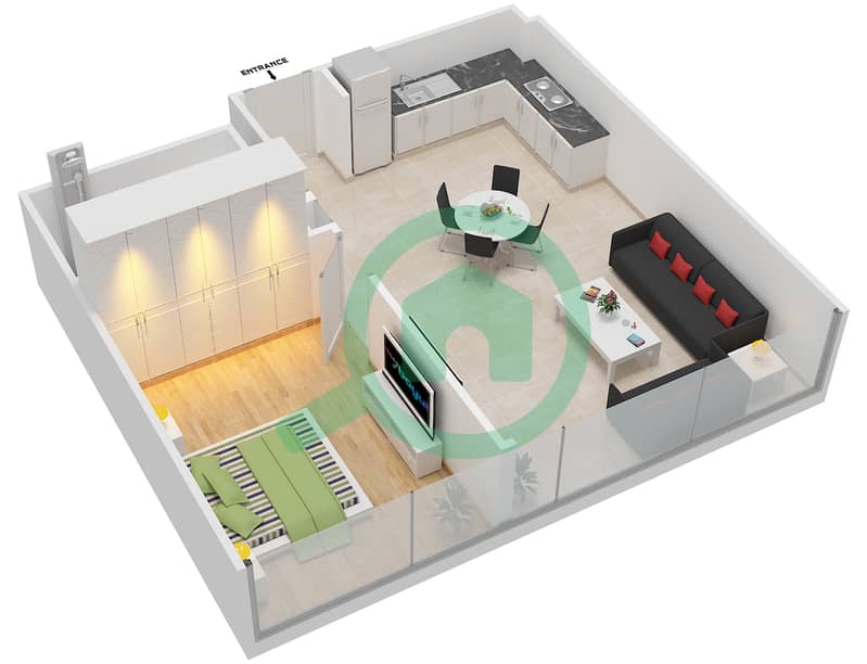 المخططات الطابقية لتصميم الوحدة 403 شقة 1 غرفة نوم - ذا باد interactive3D
