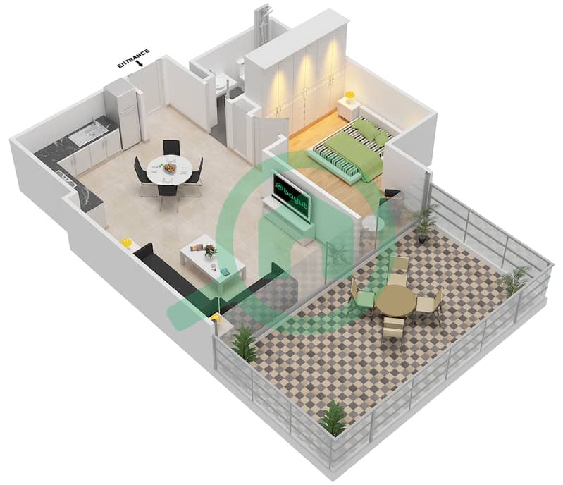 المخططات الطابقية لتصميم الوحدة P08 شقة 1 غرفة نوم - ذا باد interactive3D