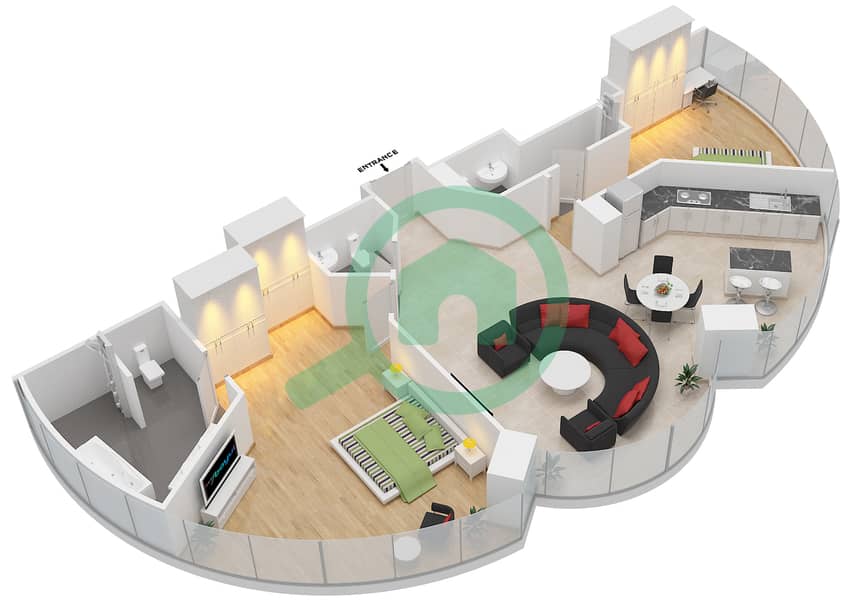 المخططات الطابقية لتصميم الوحدة 111 شقة 2 غرفة نوم - ذا باد interactive3D