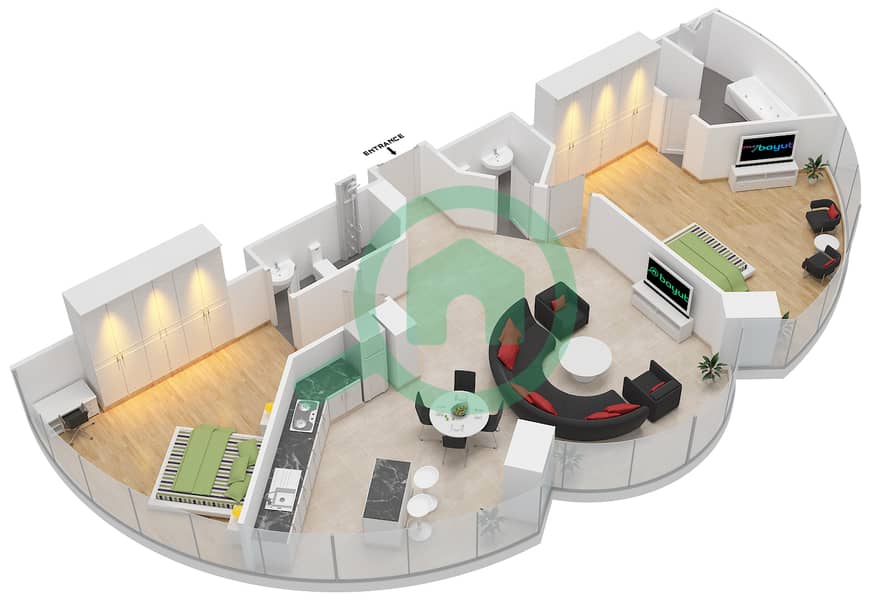 المخططات الطابقية لتصميم الوحدة 201 شقة 2 غرفة نوم - ذا باد interactive3D