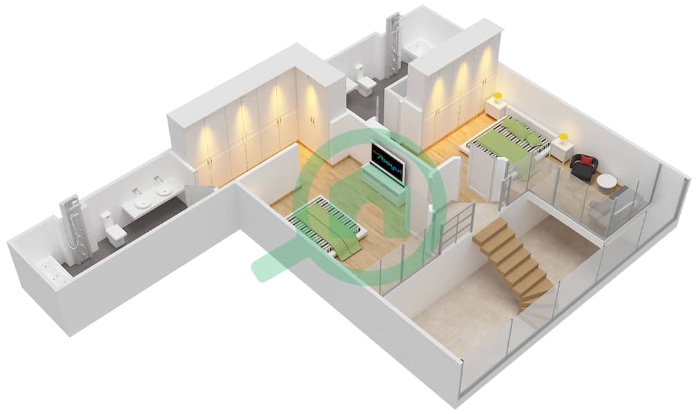 المخططات الطابقية لتصميم الوحدة 2104 شقة 2 غرفة نوم - ذا باد interactive3D