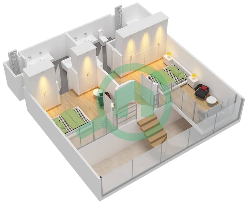 المخططات الطابقية لتصميم الوحدة 2210 شقة 2 غرفة نوم - ذا باد interactive3D